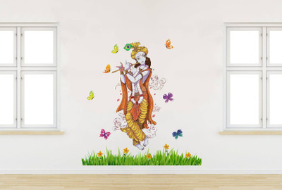 rawpockets 15 cm �Krishna with Flute and Butterfiles Wall Sticker Self Adhesive Sticker(Pack of 1)