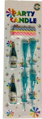 FUNCART Champagne Bottle & Glass Cake topper with colorful stripe Candle Candle(Blue, Pack of 6)