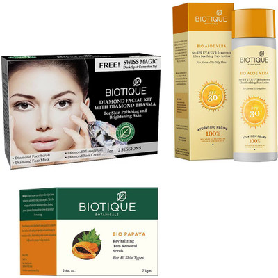 

BIOTIQUE BIO Bio Diamond Facial Kit, Bio Papaya Revitalizing Tan Removal Scrub, Bio Aloe Vera Ultra Soothing Face Lotion SPF 30 UVA/UVB Sunscreen(Set of 3)