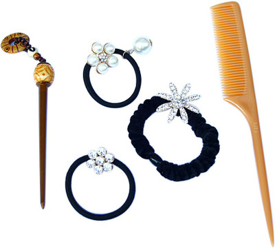 

Sringhar Elastic rubber band, tail comb and bun stick combo kit for girls and women(Set of 5)