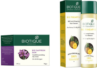 

BIOTIQUE BIO Bio Saffron Dew Youthful Nourishing Day Cream, Bio Pineapple Oil Control Face Cleanser For Normal To Oil Skin(Set of 2)