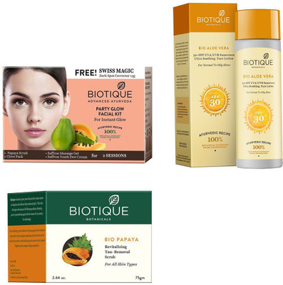 

BIOTIQUE BIO Bio Party Glow Facial Kit, Bio Papaya Revitalizing Tan Removal Scrub, Bio Aloe Vera Ultra Soothing Face Lotion SPF 30 UVA/UVB Sunscreen(Set of 3)