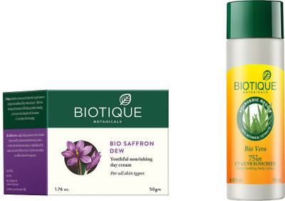 

BIOTIQUE BIO Bio Saffron Dew Youthful Nourishing Day Cream, Bio Vera 75+ Spf Sunscreen Ultra Soothing Body Lotion(Set of 2)