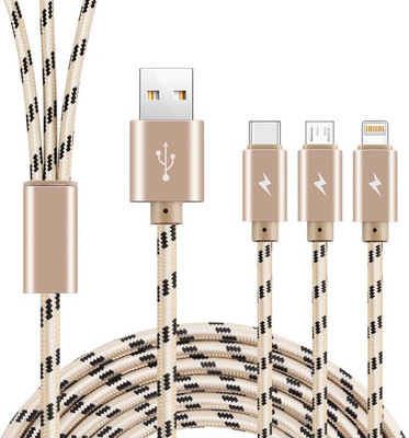 VibeX ™ Multi USB Charger Cable, COO 3 in 1 Charging Adaptor Plastic Aluminum Alloy 2.4A Lightning/Type-C/Micro USB Connector Cord Sync & Charge Cable(All iPhones (5,6,7,8 & X Series) , iPad & iPod, Gold, Black) Flipkart