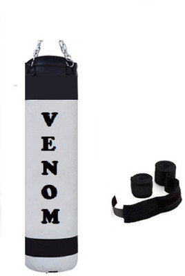 

Venom 2.0 Feet Long, PU, White and Black Color, Unfilled with Hanging Chain and 9 Freet Long Blue Color Hand Wrap Pair Boxing Kit