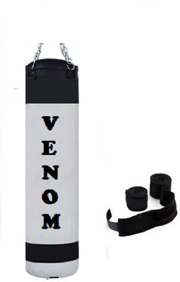 

Venom 3.0 Feet Long, PU, White and Black Color, Unfilled with Hanging Chain and 9 Freet Long Blue Color Hand Wrap Pair Boxing Kit