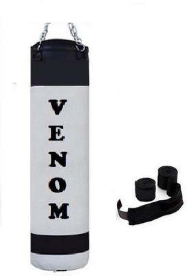 

Venom 6.0 Feet Long, PU, White and Black Color, Unfilled with Hanging Chain and 9 Freet Long Blue Color Hand Wrap Pair Boxing Kit