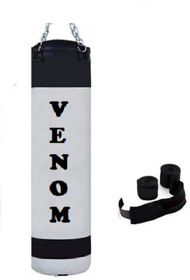 

Venom 7.0 Feet Long, PU, White and Black Color, Unfilled with Hanging Chain and 9 Freet Long Blue Color Hand Wrap Pair Boxing Kit