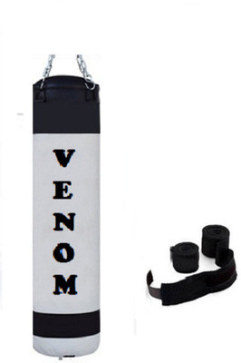 

Venom 4.5 Feet Long, PU, White and Black Color, Unfilled with Hanging Chain and 9 Freet Long Blue Color Hand Wrap Pair Boxing Kit