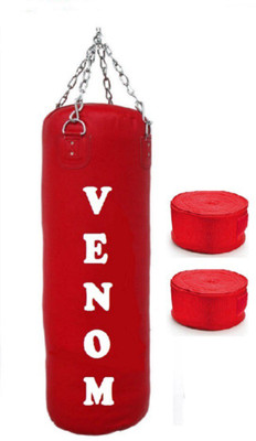 

Venom 4.0 Feet Long, PU, Red Color, Unfilled with Hanging Chain and 9 Freet Long Red Color Hand Wrap Pair Boxing Kit