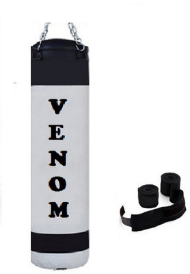 

Venom 6.5 Feet Long, PU, White and Black Color, Unfilled with Hanging Chain and 9 Freet Long Blue Color Hand Wrap Pair Boxing Kit