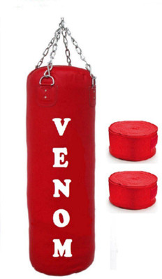 

Venom 5.0 Feet Long, PU, Red Color, Unfilled with Hanging Chain and 9 Freet Long Red Color Hand Wrap Pair Boxing Kit