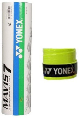 

Yonex Combo of two- One 'Mavis 7' Nylon Shuttle cock (Pack of 6) and One Badminton Grip (Color On Availability)- Badminton Kit