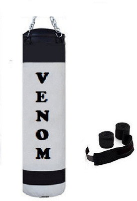 

Venom 5.5 Feet Long, PU, White and Black Color, Unfilled with Hanging Chain and 9 Freet Long Blue Color Hand Wrap Pair Boxing Kit