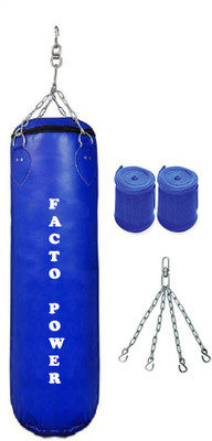 

FACTO POWER 2.5 Feet Long, PU Material, Blue Color, Unfilled with Hanging Chain and 9 Freet Long Blue Color Hand Wrap Pair Boxing Kit
