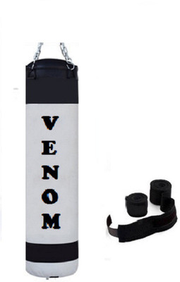 

Venom 4.0 Feet Long, PU, White and Black Color, Unfilled with Hanging Chain and 9 Freet Long Blue Color Hand Wrap Pair Boxing Kit