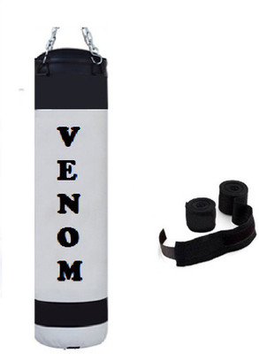 

Venom 1.5 Feet Long, PU, White and Black Color, Unfilled with Hanging Chain and 9 Freet Long Blue Color Hand Wrap Pair Boxing Kit