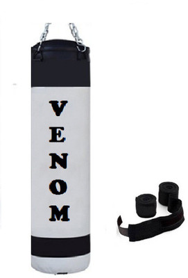 

Venom 7.5 Feet Long, PU, White and Black Color, Unfilled with Hanging Chain and 9 Freet Long Blue Color Hand Wrap Pair Boxing Kit