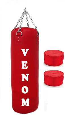 

Venom 3.0 Feet Long, PU, Red Color, Unfilled with Hanging Chain and 9 Freet Long Red Color Hand Wrap Pair Boxing Kit