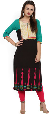 W Women Self Design Straight Kurta(Black)