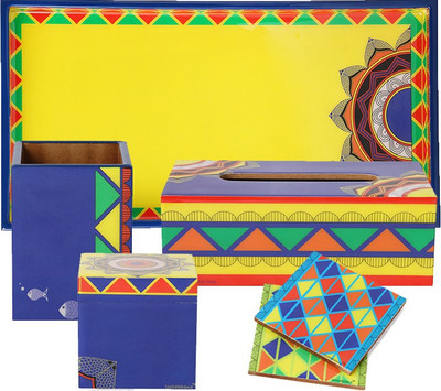 

toshakhana Madhubani Art Bihar India MDF Tray, 2 Coasters, Tissue Box Dispenser, Multipurpose Box & Pen Stand Office Set(Multicolor)