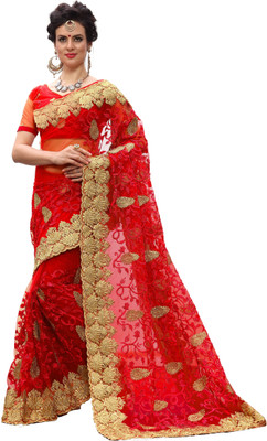 Nivah Fashion Embroidered Bollywood Net Saree(Red)