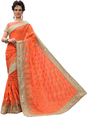 Nivah Fashion Embroidered Bollywood Silk Blend Saree(Orange)