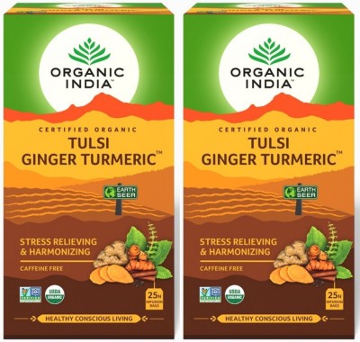 ORGANIC INDIA Tulsi Ginger Turmeric 25 Tea Bags ( Pack of 2 ) Ginger Tea Bags Box(2 x 12.5 Bags)