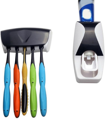

Swadec Automatic Toothpaste Dispenser With 5 Toothbrush Holder Set Wall Mount Stand Plastic Toothbrush Holder(Black, Wall Mount)