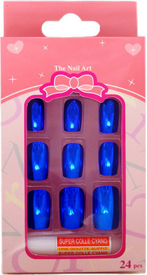 

One Personal Care Chrome-On | Mirror Finish Square Oval Tip Extension with Nail Glue Reflective Blue(Pack of 24)