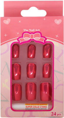 One Personal Care Chrome-On | Mirror Finish Square Oval Tip Extension with Nail Glue Reflective Red(Pack of 24)