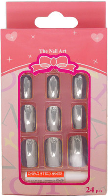 

One Personal Care Chrome-On | Mirror Finish Square Oval Tip Extension with Nail Glue Reflective Silver(Pack of 24)