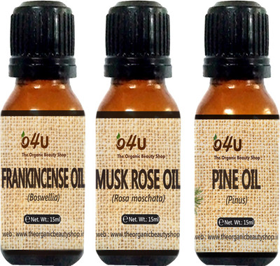 

O4U 100% Natural essential oil Combo for Dehydrate skin (Musk rose, Pine and Frankincense) 15 ml each / essential oil Combo for Dehydrate skin(15 ml)