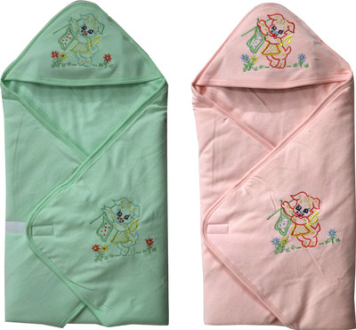 

ANNAPURNA SALES Cartoon  Hooded Baby Blanket(Cotton, Green & Peach