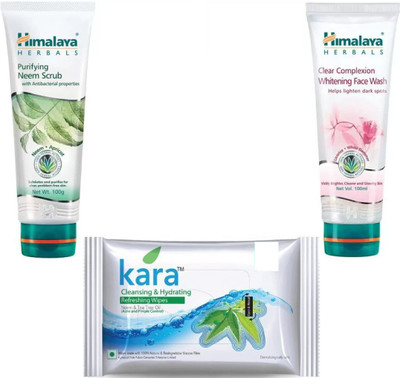 

Himalaya Purifying Neem Scrub, Clear Complexion Whitening Face Wash, kara skin care wipes(Set of 3)