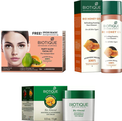 

BIOTIQUE BIO Bio Party Glow Facial Kit, Bio Almond Soothing & Nourishing Eye Cream, Bio Honey Gel Refreshing Foaming Face Cleanser For All Skin Types(Set of 3)