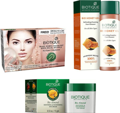 

BIOTIQUE BIO Bio Pearl White Facial Kit, Bio Almond Soothing & Nourishing Eye Cream, Bio Honey Gel Refreshing Foaming Face Cleanser For All Skin Types(Set of 3)