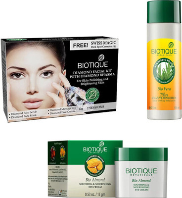 

BIOTIQUE BIO Bio Diamond Facial Kit, Bio Almond Soothing & Nourishing Eye Cream, Bio Vera 75+ Spf Sunscreen Ultra Soothing Body Lotion(Set of 3)