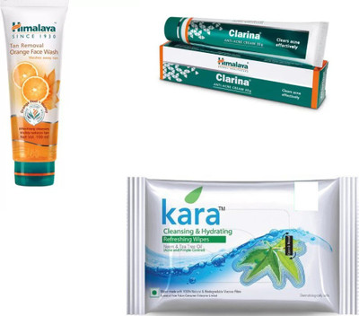 

Himalaya Tan Removal Orange Face Wash, Clarina Anti Acne Cream, kara skin care wipes(Set of 3)