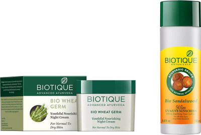 

BIOTIQUE BIO Bio Wheat Germ Youthful Nourishing Night Cream, Bio Sandalwood Ultra Soothing Face Lotion 50+ SPF UVA/UVB Sunscreen(Set of 2)