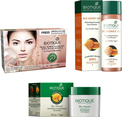 

BIOTIQUE BIO Bio Pearl White Facial Kit, Bio Almond Soothing & Nourishing Eye Cream, Bio Honey Gel Refreshing Foaming Face Cleanser For All Skin Types(Set of 3)