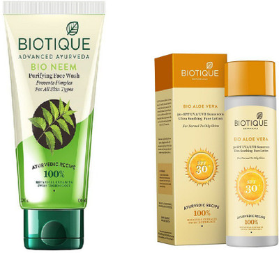 

BIOTIQUE BIO Bio Neem Purifying Face Wash, Bio Aloe Vera 30+ Spf Sunscreen Ultra Soothing Face Lotion(Set of 2)