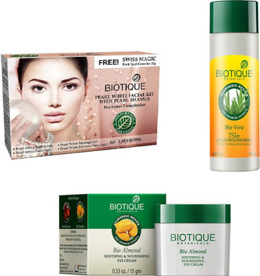 

BIOTIQUE BIO Bio Pearl White Facial Kit, Bio Almond Soothing & Nourishing Eye Cream, Bio Vera 75+ Spf Sunscreen Ultra Soothing Body Lotion(Set of 3)