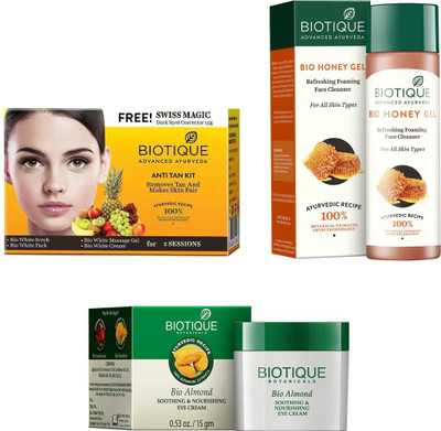 

BIOTIQUE BIO Bio Anti Tan Facial Kit, Bio Almond Soothing & Nourishing Eye Cream, Bio Honey Gel Refreshing Foaming Face Cleanser For All Skin Types(Set of 3)