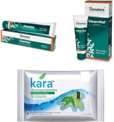

Himalaya Clarina Anti Acne Cream, clearvital face cream, kara skin care wipes(Set of 3)