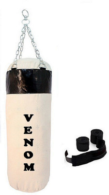 

Venom 5.5 Feet Long, CANVAS Material, White and Black Color, Unfilled with Hanging Chain and 9 Freet Long Black Color Hand Wrap Pair Boxing Kit