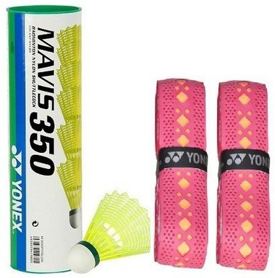 

Yonex Combo of Three- One 'Mavis 350' Nylon Shuttle cock (Pack of 6) and Two Badminton Grip (Color On Availability)- Badminton Kit