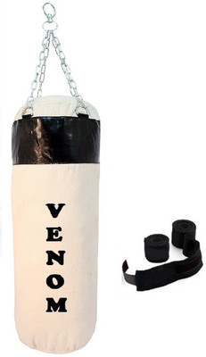 

Venom 8.0 Feet Long, CANVAS Material, White and Black Color, Unfilled with Hanging Chain and 9 Freet Long Black Color Hand Wrap Pair Boxing Kit