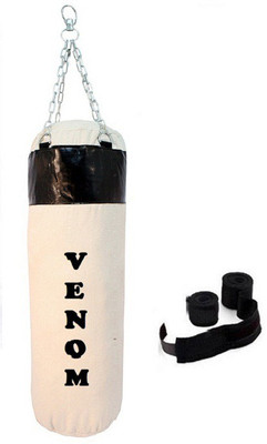 

Venom 4.0 Feet Long, CANVAS Material, White and Black Color, Unfilled with Hanging Chain and 9 Freet Long Black Color Hand Wrap Pair Boxing Kit
