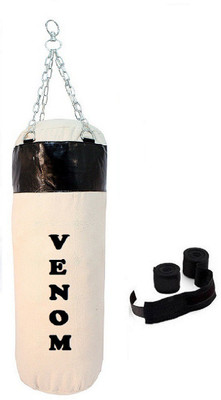 

Venom 6.5 Feet Long, CANVAS Material, White and Black Color, Unfilled with Hanging Chain and 9 Freet Long Black Color Hand Wrap Pair Boxing Kit